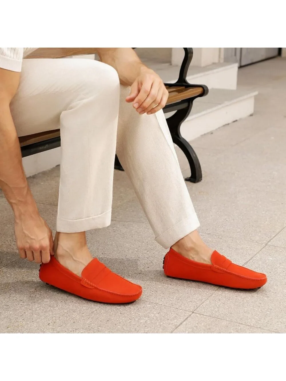 Go Tour Men's Orange Suede Leather Loafers Penny Slip On Flats Comfortable Shoes